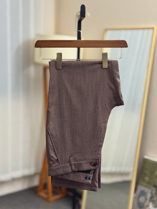 Straight Cut Formal Pants | Brown Herringbone