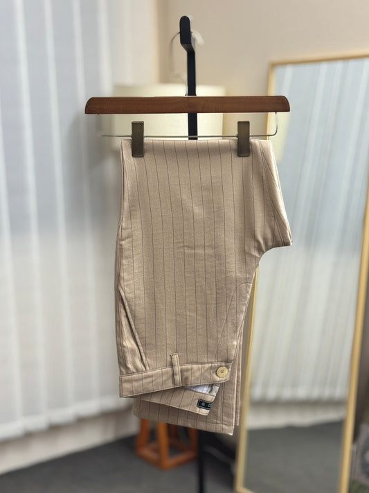 Straight Cut Formal Pants | Beige Pinstripe